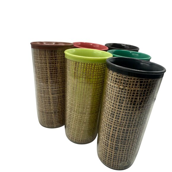 Vintage MCM TIKI Raffiaware insulated 6 Tumblers Raffia Weave Insulated 6" 10 oz - Picture 5 of 6